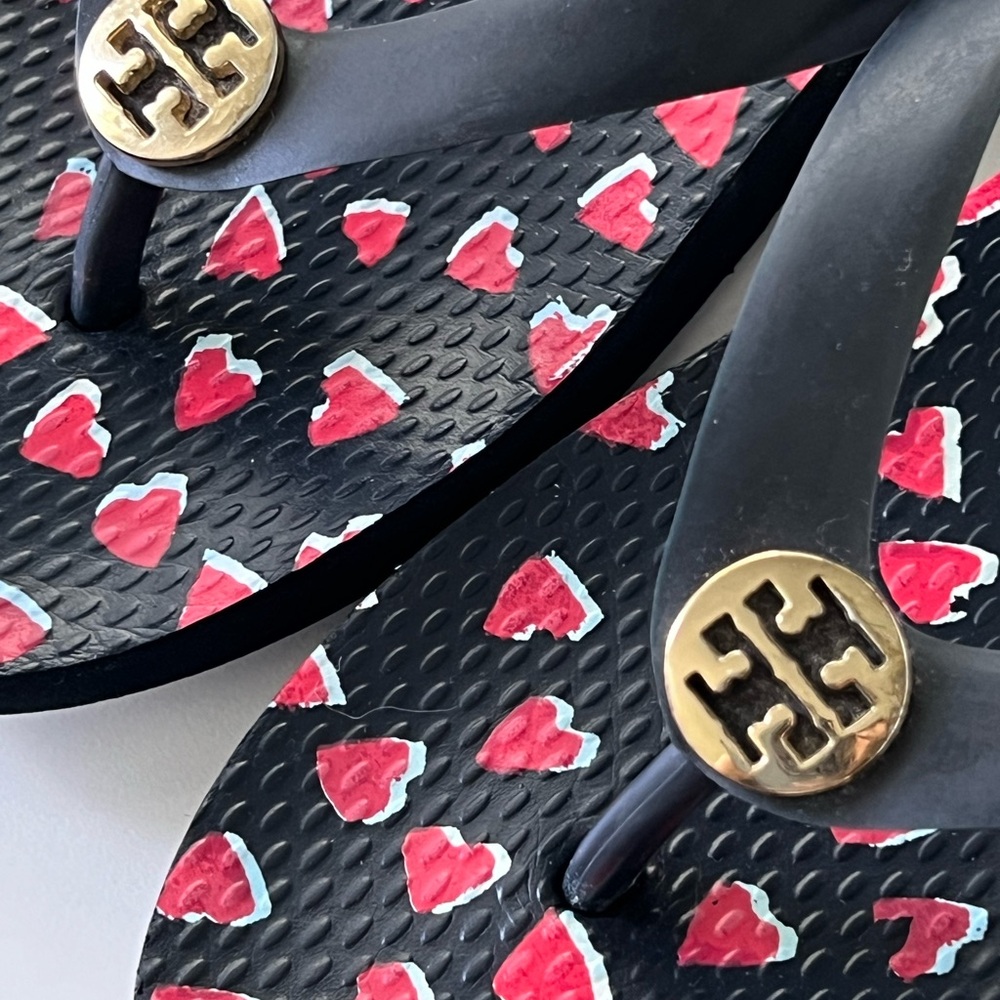 Tory Burch Black with Red Hearts Flip Flop Thong Sweetheart Sandals - Picture 4 of 7
